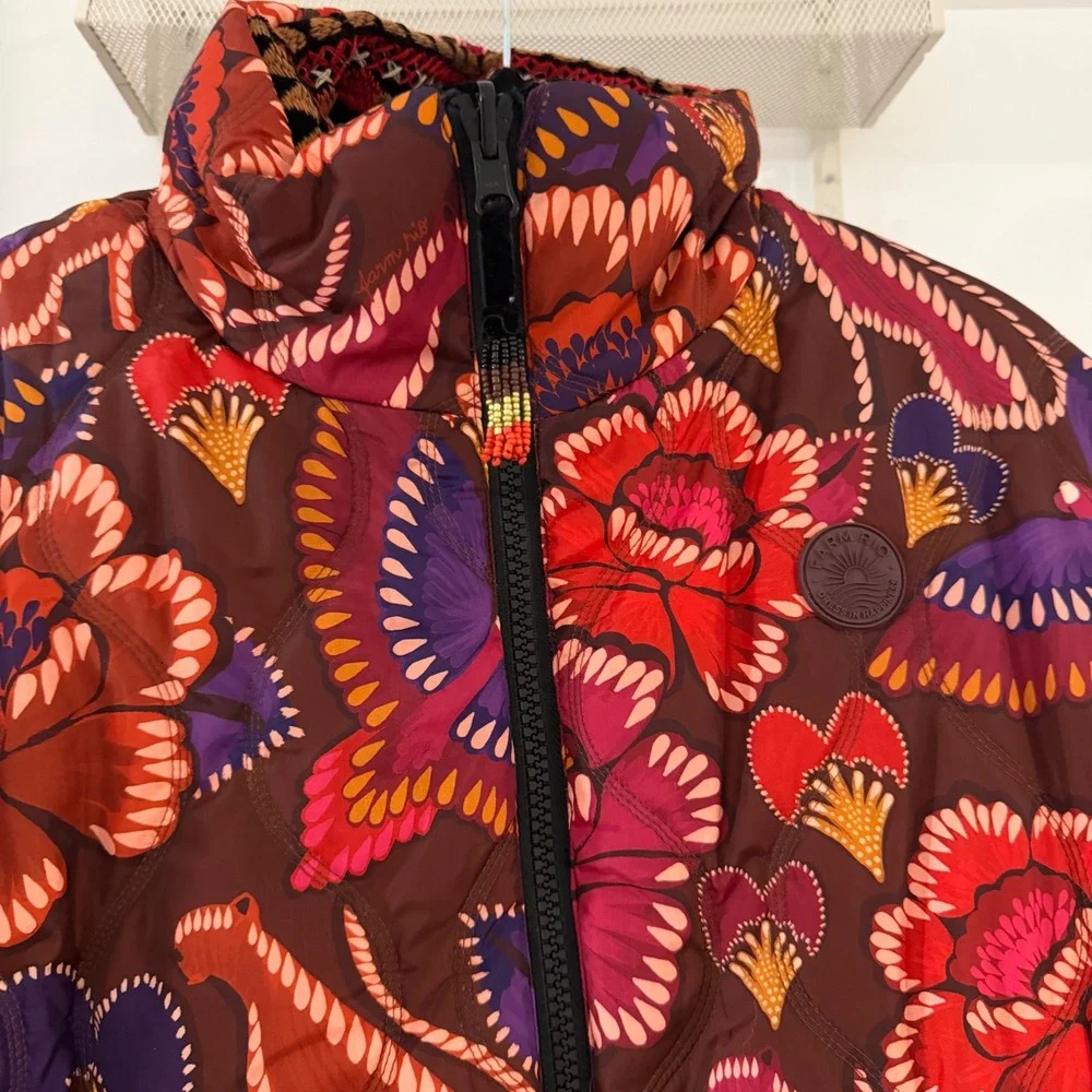 Farm Rio Nature Beauty Reversible Velvet Embroidered Puffer Jacket M Maximalist